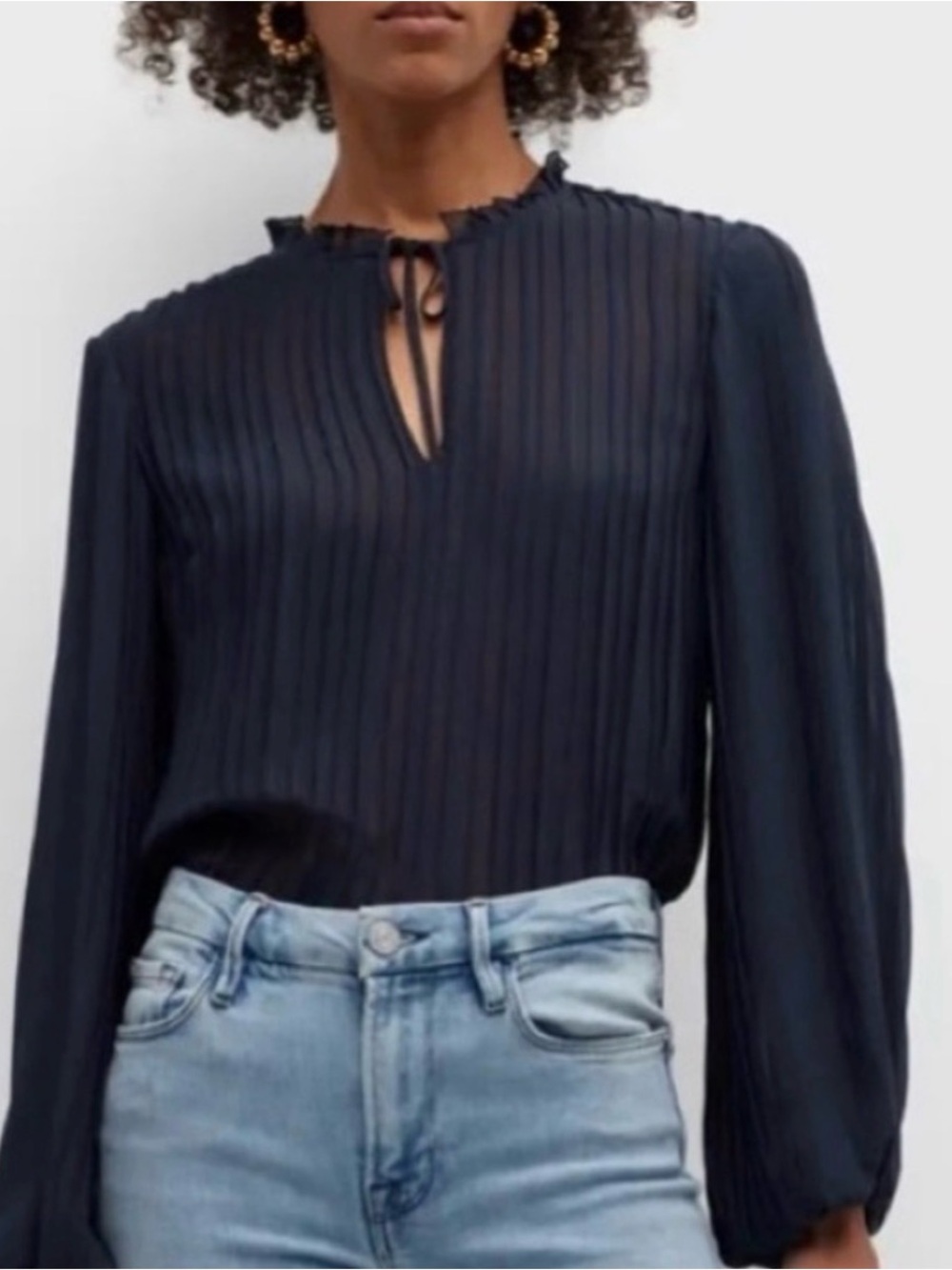 FRAME Tie-Front Pleated Sheer Black Top Sz XS
